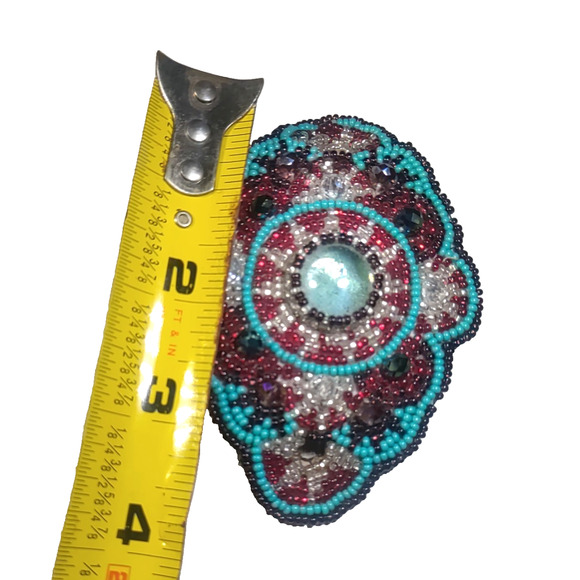Southwestern Beaded Hair Barrette Leather Seed Bead Home Made Blue Red White main image 6